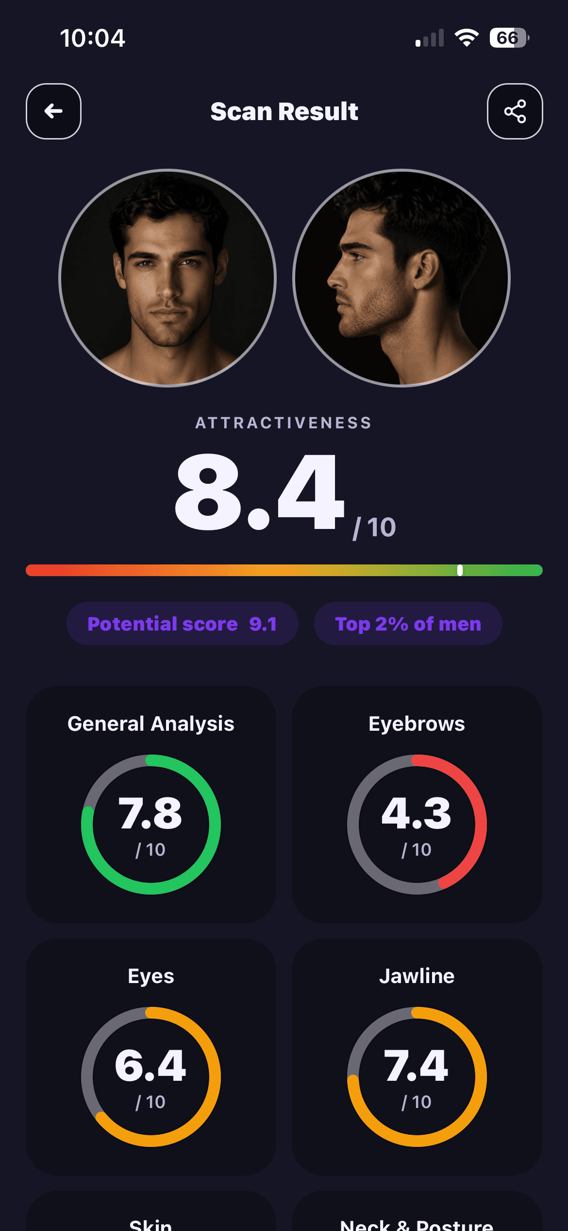 Scan Result screen showing a front and side face analysis with an attractiveness score and category breakdowns